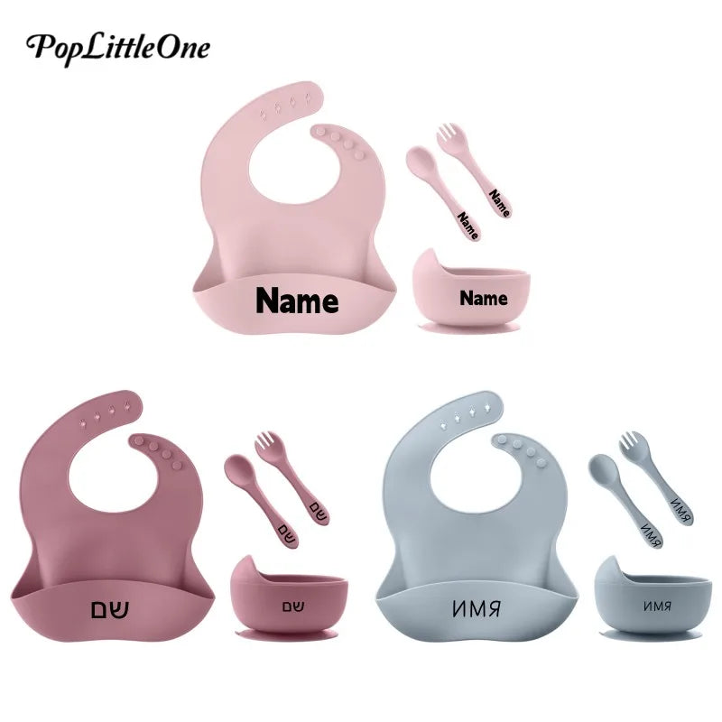 Free Custom Name Baby Silicone Feeding Set Baby Bibs Kids Dishes Plate Feeding Bowl Spoon Fork Children'S Tableware