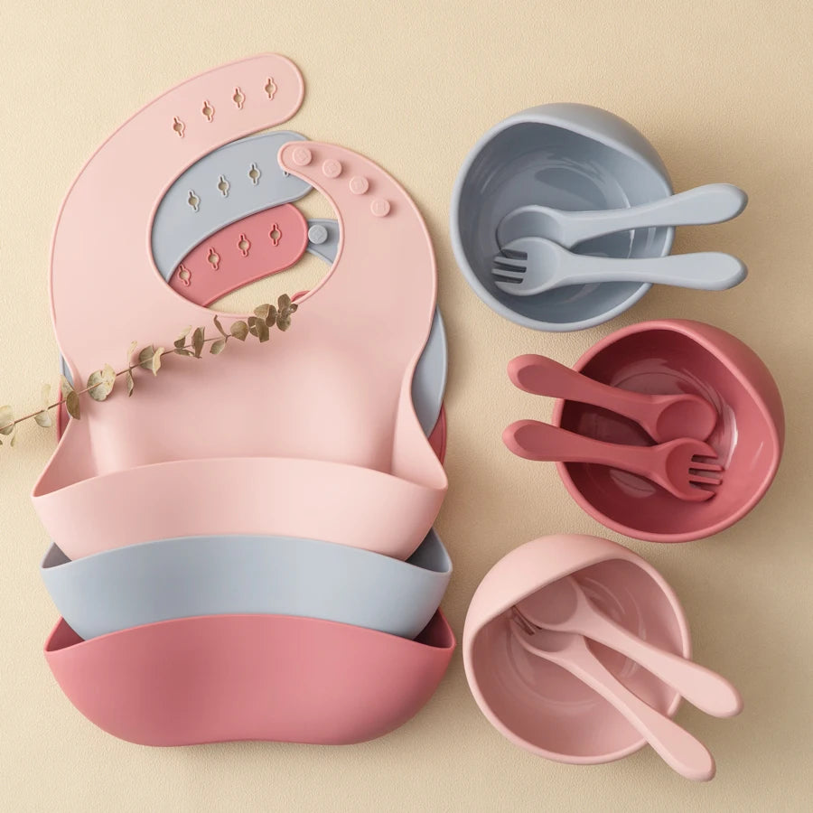 Free Custom Name Baby Silicone Feeding Set Baby Bibs Kids Dishes Plate Feeding Bowl Spoon Fork Children'S Tableware