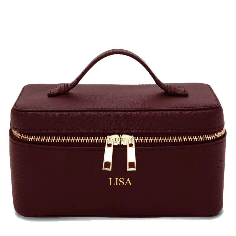 Custom Name Ladies Saffiano Split Leather Travel Toiletry Case Bag Portable Hanging Makeup Organizer Box Cosmetic Bag for Women
