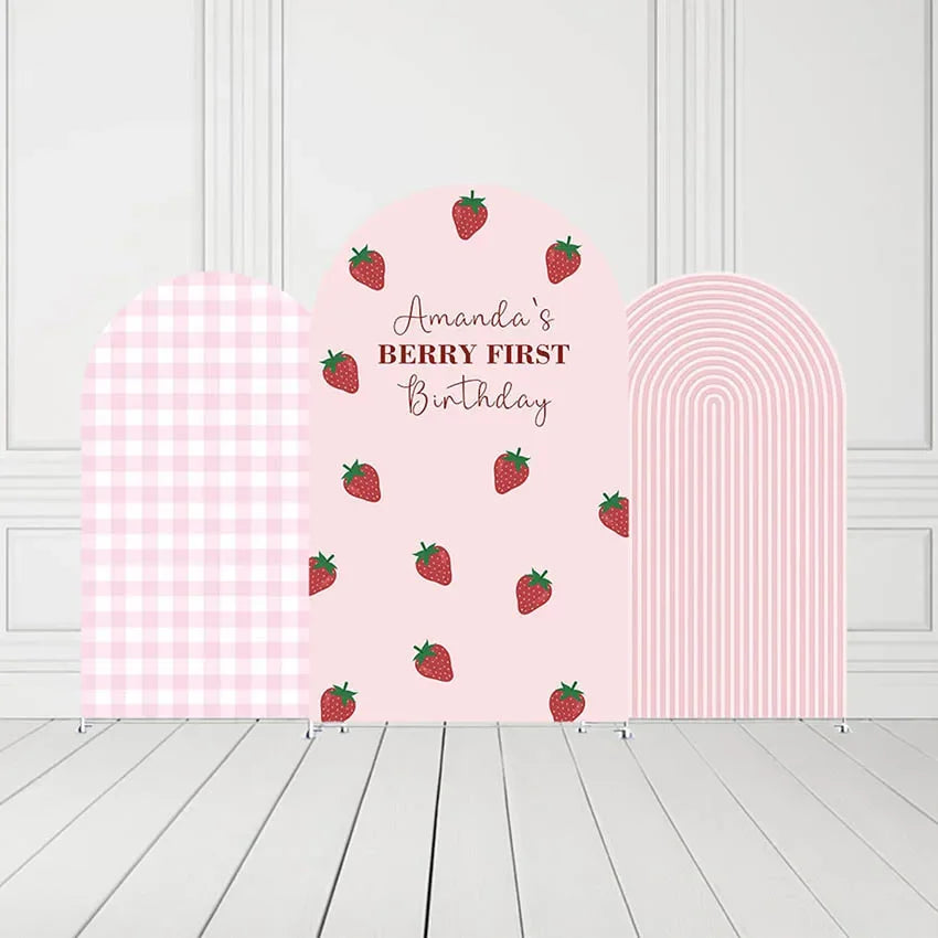 Custom Pink Stripe Strawberry Birthday Cover Chiara Arch Background Baby Shower Party Decor Backdrop Photo Doubleside