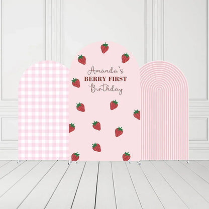 Custom Pink Stripe Strawberry Birthday Cover Chiara Arch Background Baby Shower Party Decor Backdrop Photo Doubleside