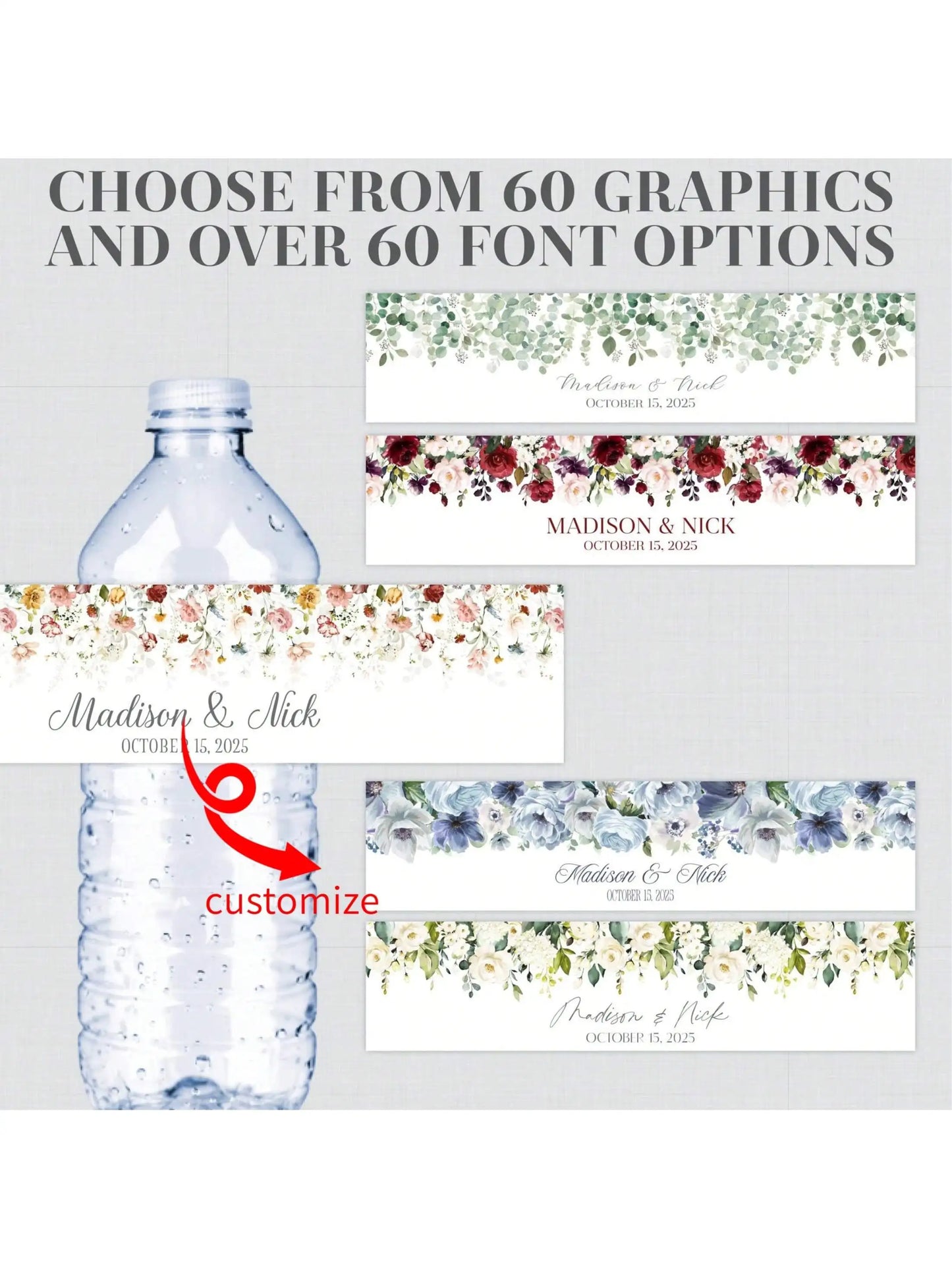30PCS Custom Floral Water Bottle Labels Print Flower Graphics Fonts Wedding Water Bottle Stickers