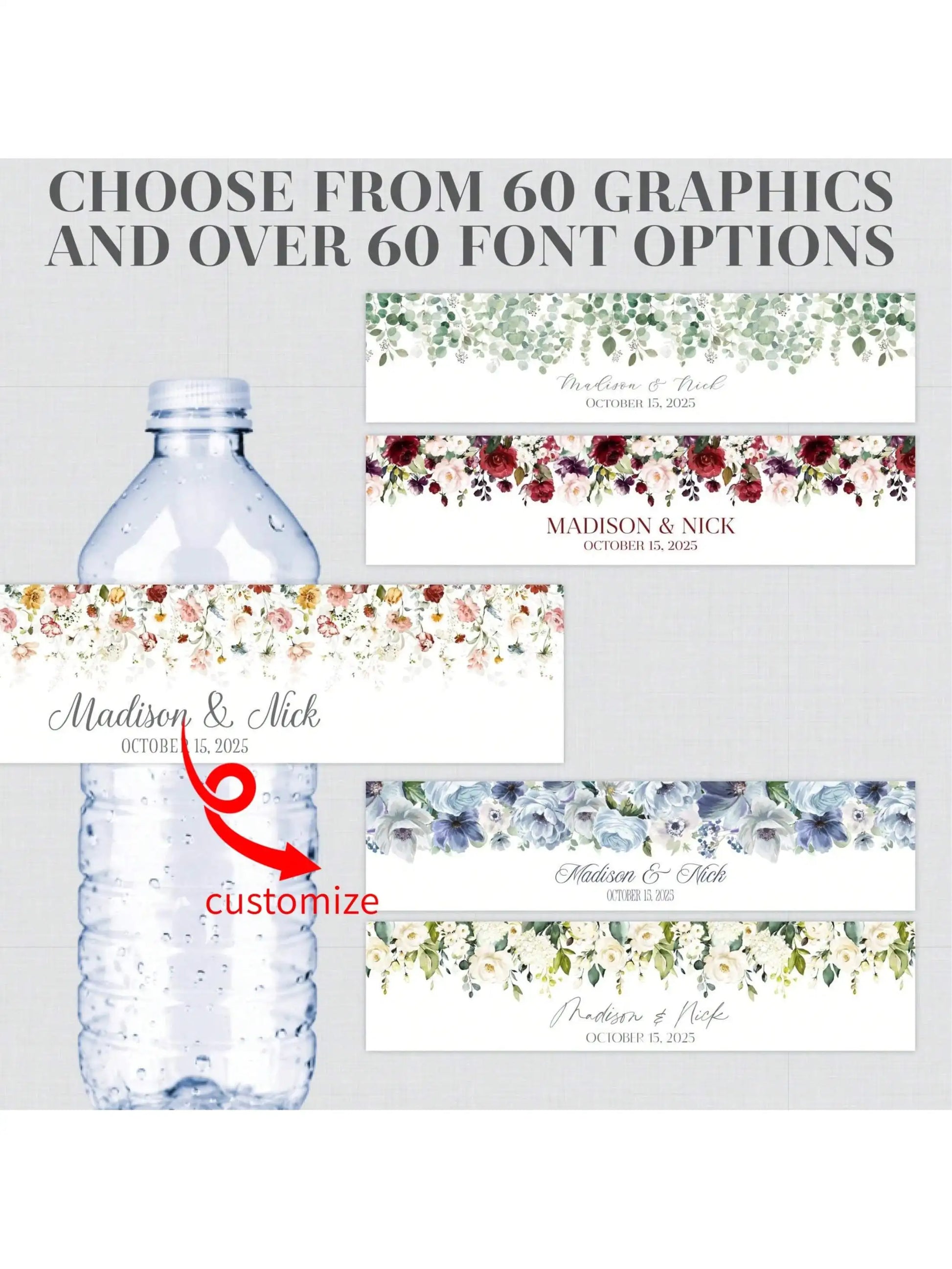 30PCS Custom Floral Water Bottle Labels Print Flower Graphics Fonts Wedding Water Bottle Stickers