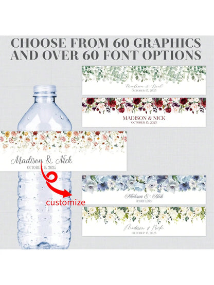 30PCS Custom Floral Water Bottle Labels Print Flower Graphics Fonts Wedding Water Bottle Stickers