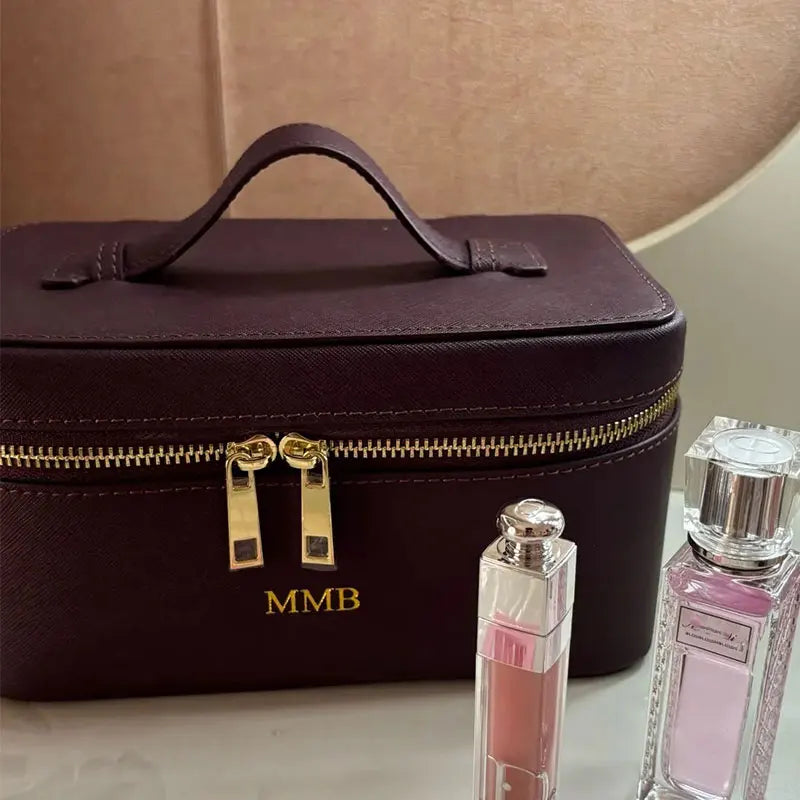 Custom Name Ladies Saffiano Split Leather Travel Toiletry Case Bag Portable Hanging Makeup Organizer Box Cosmetic Bag for Women