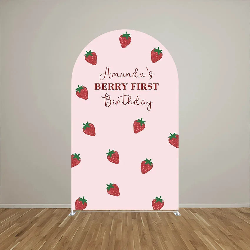 Custom Pink Stripe Strawberry Birthday Cover Chiara Arch Background Baby Shower Party Decor Backdrop Photo Doubleside