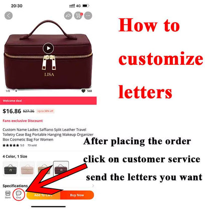 Custom Name Ladies Saffiano Split Leather Travel Toiletry Case Bag Portable Hanging Makeup Organizer Box Cosmetic Bag for Women